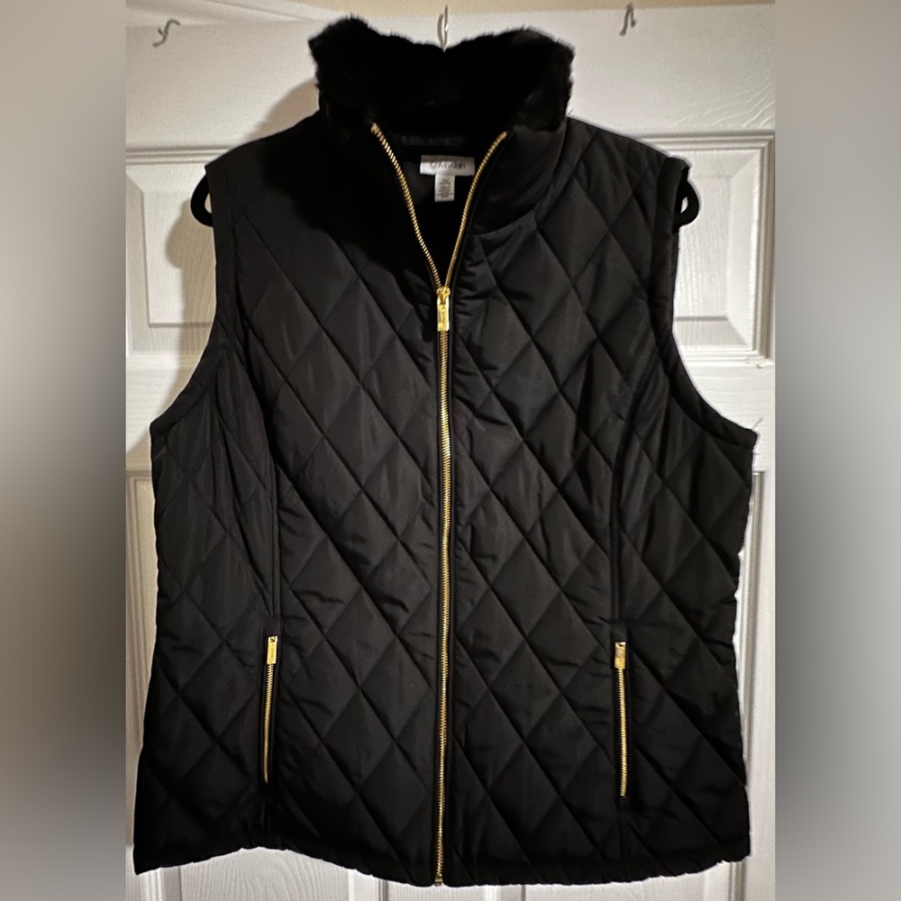 Calvin Klein Black Quilted Vest with Gold Zippers, Women, Size XL